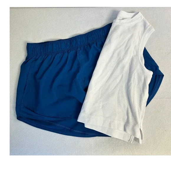 Athleisure Athletic Works Women L Blue White Running Shorts Waffle Knit Tank Set - Picture 1 of 12